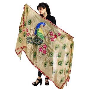 3226 Beige Dupatta Block Printed Peacock Pattern Chunni Hijab Shawl Neck